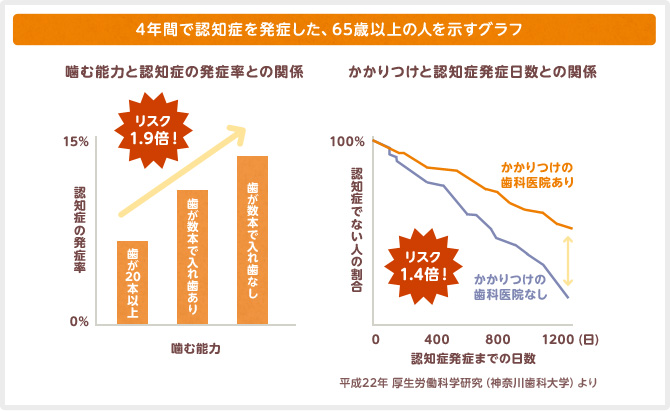 4年間で認知症を発祥した65歳以上の人たちを示すグラフです。噛む力やかかりつけの歯科の有無によって認知賞の発症リスクに差がでます