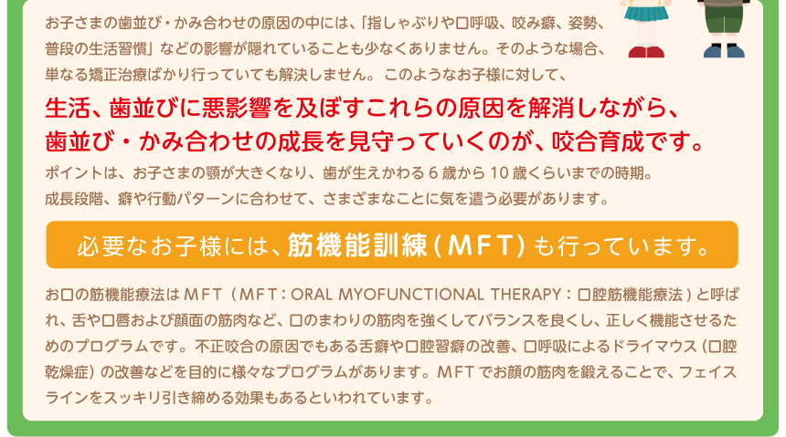 お子さまの歯並び・かみ合わせの原因の中には、「指しゃぶりや口呼吸、咬み癖、姿勢、普段の生活習慣」などの影響が隠れていることも少なくありません。そのような場合、単なる矯正治療ばかり行っていても解決しません。 このようなお子様に対して、生活、歯並びに悪影響を及ぼすこれらの原因を解消しながら、歯並び・かみ合わせの成長を見守っていくのが、咬合育成です。 ポイントは、お子さまの顎が大きくなり、歯が生えかわる6歳から10歳くらいまでの時期。 必要なお子様には、筋機能訓練(MFT)も行っています。 お口の筋機能療法はMFT（MFT：ORAL MYOFUNCTIONAL THERAPY：口腔筋機能療法)と呼ばれ、舌や口唇および顔面の筋肉など、口のまわりの筋肉を強くしてバランスを良くし、正しく機能させるためのプログラムです。不正咬合の原因でもある舌癖や口腔習癖の改善、口呼吸によるドライマウス（口腔乾燥症）の改善などを目的に様々なプログラムがあります。MFTでお顔の筋肉を鍛えることで、フェイスラインをスッキリ引き締める効果もあるといわれています。